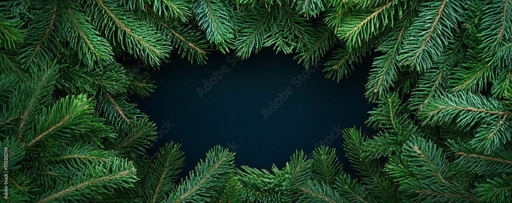 Poster Christmas fir tree branches bordering dark background with copy space