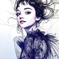 Fototapeta premium Portrait of a young woman with windblown hair and a lace dress.