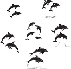 Fototapeta premium Silhouette set of beautiful dolphins jumping, vector silhouette