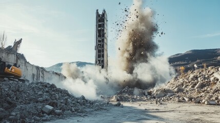 A dramatic shot of demolition experts using controlled explosives to demolish an old industrial chimney, Demolition site scene, Controlled and strategic style