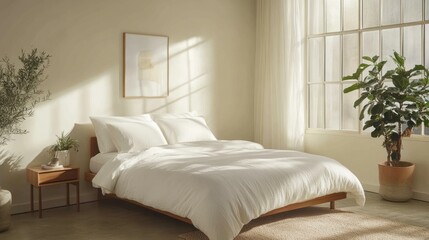 Minimalist Bedroom with White Bed Neutral Bedding and Wooden Nightstand with Potted Plant