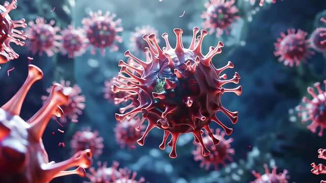 bunch of viruses are floating in the air. The viruses are brown and have a fuzzy appearance, Group of virus cells. 3D illustration, Coronavirus cells
