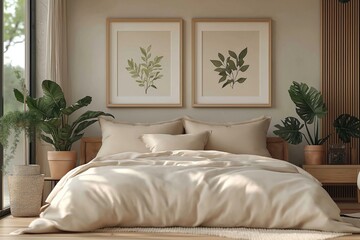 Bedroom interior with large bed and beige linens. Empty picture frames on wall. Potted plants add greenery. Natural light streams in. Peaceful and calming space.