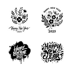 Fototapeta premium A collection of Happy New Year calligraphy with decorations around it on a white background