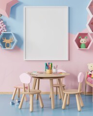 Mockup of a blank poster frame in a colorful children s playroom with a wooden table. chairs. and toys