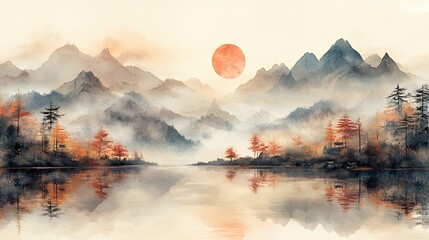 Serene landscape with mountains, a sunset, and reflections on a calm lake in autumn hues.