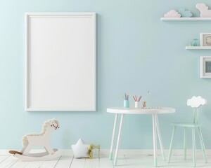 A white framed picture mockup on a blue wall in a kids room with a rocking horse. star. and a table with a chair
