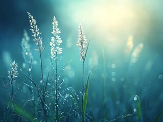 Obraz premium Morning dew on grass blades tranquil nature setting macro photography soft light serene environment close-up perspective