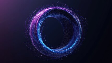 Abstract swirling cosmic ring, digital art, vibrant neon lights, particles and lines, glowing energy, futuristic technology, dark background, 3D rendering