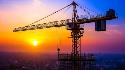 A dramatic twilight view of a construction crane silhouetted against the backdrop of a vibrant cityscape under development, Crane construction scene, Dramatic twilight style