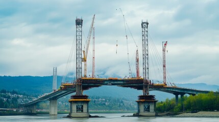 A dramatic view of a bridge under construction spanning a river, Bridge construction scene, Structural and monumental style