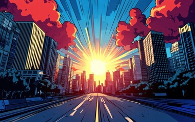 comic book style cartoon illustration of cityscape with sun and clouds in the sky