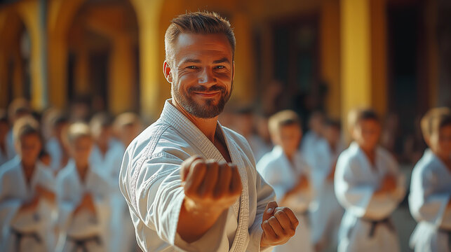 Illustration of a karate teacher demonstrating a karate pose, looking after children in a sports class
