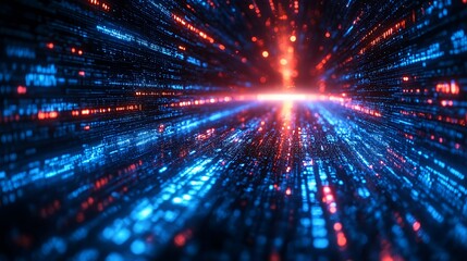 Fototapeta premium Abstract digital landscape depicting light trails and data streams in vibrant colors.