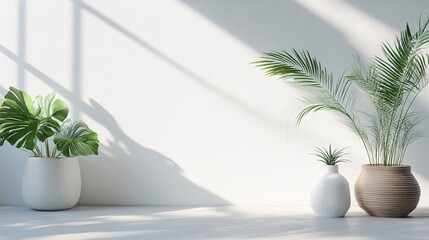 Potted plants decorating minimalist white room interior design