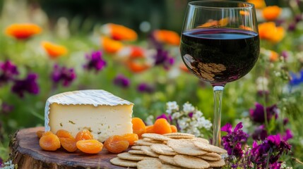 A glass of red wine stands beside a plate of cheese and crackers, surrounded by a colorful display of blooming flowers. The setting creates a lovely atmosphere for relaxation and enjoyment.
