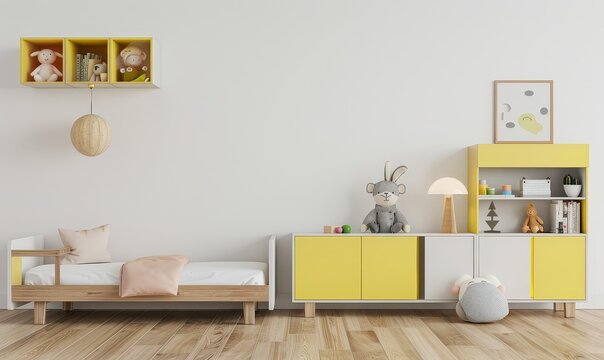 Minimalist nursery with white walls. wooden floor. yellow shelves. and a single bed