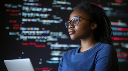 Naklejka premium Focused female programmer with glasses working on a laptop in front of a screen displaying colorful code. Technology and software development concept