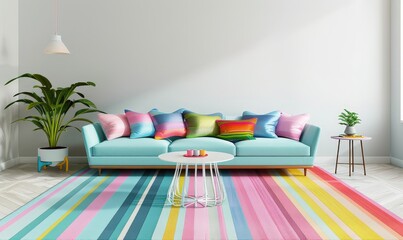 A blue sofa with colorful pillows in a minimalist living room with a striped rug. a white coffee table. and plants