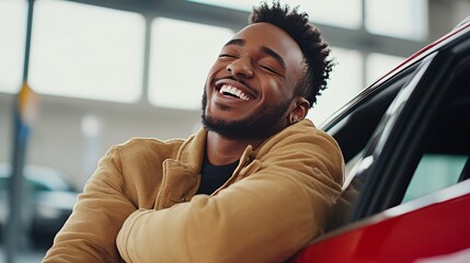 Happy customer laughing and enjoying new car purchase at dealership