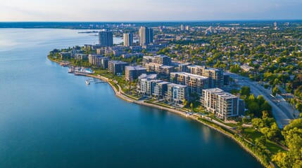 Obraz premium A dynamic aerial perspective of a coastal city undergoing waterfront redevelopment with new residential and commercial buildings, Waterfront redevelopment scene, Coastal urbanization style