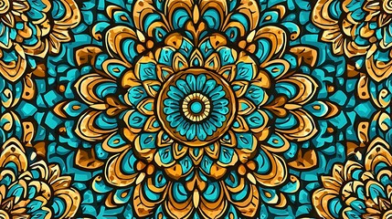 Intricate circular pattern in blue and gold tones with ornate floral designs.