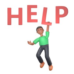 3D illustration of handsome afro man David with a word -HELP .Mockup 3d character illustration.3D rendering on white background.