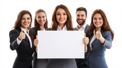 Smiling businesspeople holding blank white board and showing thumbs up