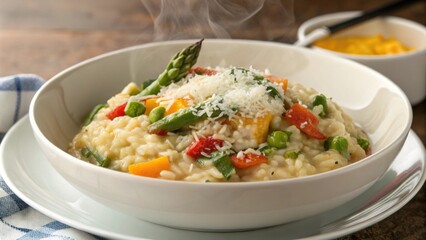 A rich bowl of creamy risotto infused with seasonal vegetables and topped with grated parmesan cheese served elegantly.