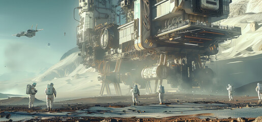 Spacefaring Pioneers: A group of astronauts in futuristic suits stand in awe before a colossal, rusted spaceship on a desolate alien planet.