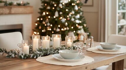 A cozy dining setup with candles and a Christmas tree for a festive gathering.