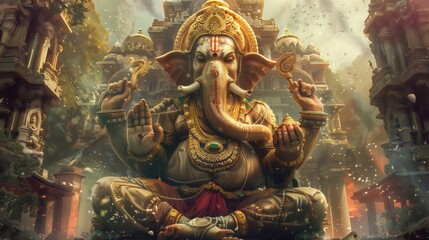 Fototapeta premium Majestic Ganesha: Digital painting of Lord Ganesha, Hindu deity, seated majestically amidst ancient ruins, evoking spirituality and cultural heritage.