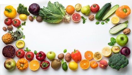Fruit and vegetable frame, top view on isolated white background