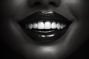 Obraz premium Radiant smile on woman with dramatic black lipstick. Monochrome beauty portrait. Stylish, edgy makeup concept. Perfect for design, poster banner. Female beauty, elegance. Stylish image for fashion,