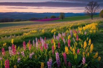 Vibrant Wildflower Meadow at Dawn in a Spring Landscape