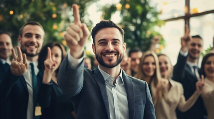 Happy business team showing number one gesture and smiling