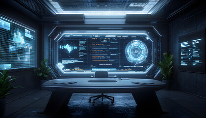 futuristic office with interactive inventory control dashboard, featuring advanced technology and sleek design. atmosphere is modern and high tech, ideal for data analysis