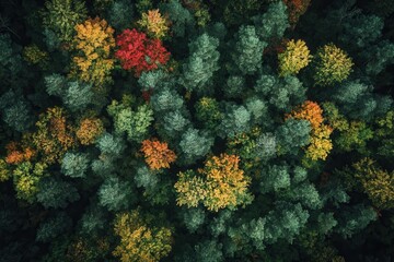Obraz premium Aerial view of autumn forest with colorful trees.