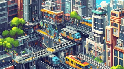 Fototapeta premium Futuristic Cityscape: Elevated Trains and Urban Complexity
