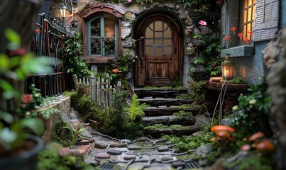 Fototapeta premium Enchanted Cottage Garden: A miniature garden with a charming cottage, stone path, and lush greenery, inviting you to step into a world of whimsy and wonder. 