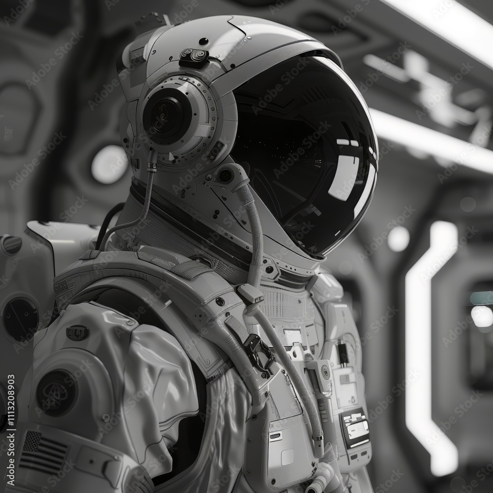 Wall mural astronaut in spacecraft: close-up of an astronaut's helmet and spacesuit inside a futuristic spacecr