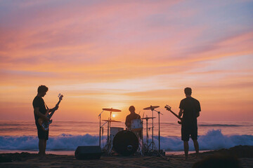 Band performing at beach festival during sunset, waves crashing in background, creating vibrant and energetic atmosphere