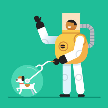 Man in contamination suit walking dog