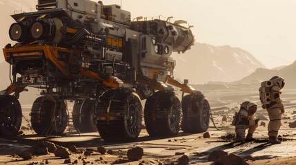 Martian Exploration: A lone astronaut surveys the desolate Martian landscape, their presence dwarfed by the imposing rover, a symbol of humanity's relentless pursuit of knowledge.  