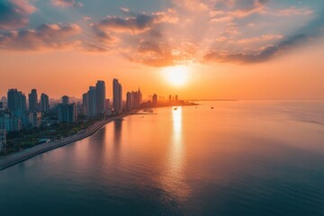 Obraz premium Aerial view of cityscape at sunset, reflecting on calm ocean waters.