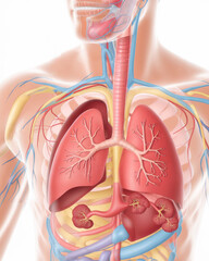 Detailed diagram of lungs and human circulatory system. Educational medical illustration with accurate depiction of respiratory system in human body on a white background.