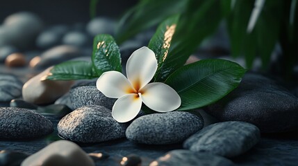 Fototapeta premium White plumeria flower resting on wet stones with green leaves in spa setting