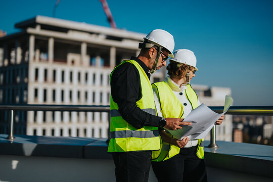 Two architects in safety gear review building plans on a construction site. They are wearing hard hats and reflective vests, focusing on the architectural design and planning process.