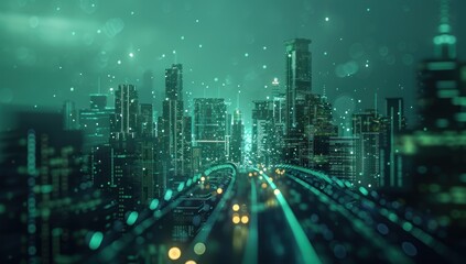 Obraz premium Cyberpunk Cityscape with Glowing Tracks