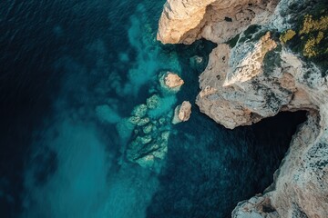 Aerial view of dramatic coastal cliffs and turquoise water.
